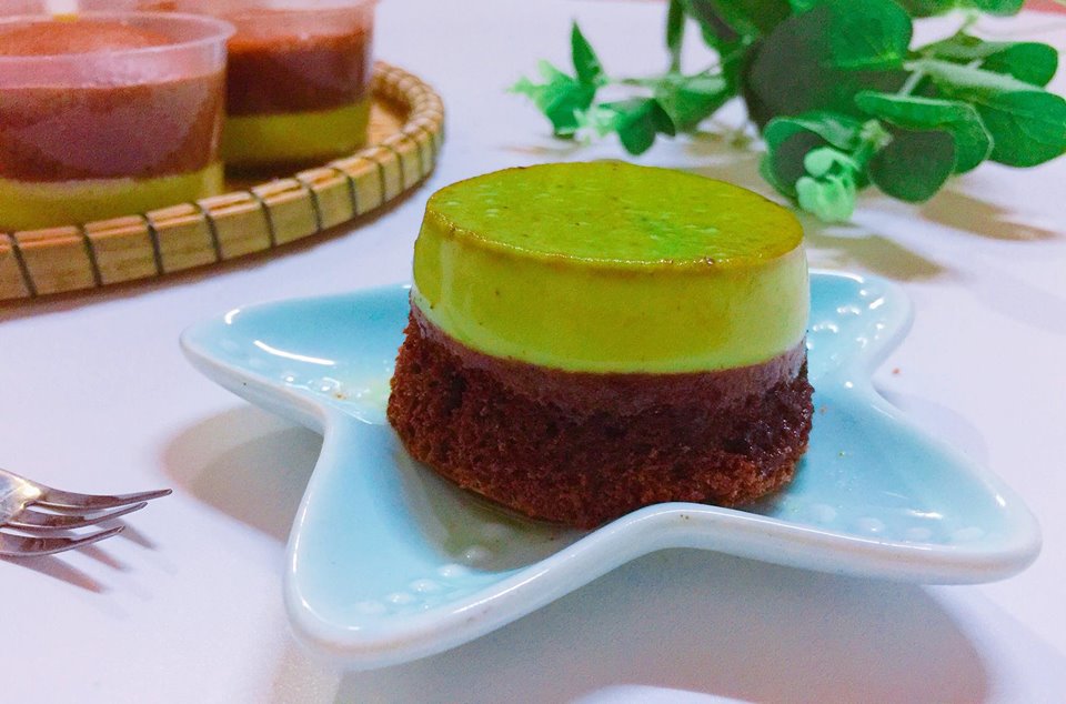 Cách làm bánh Gato flan trà xanh từ bột cacao